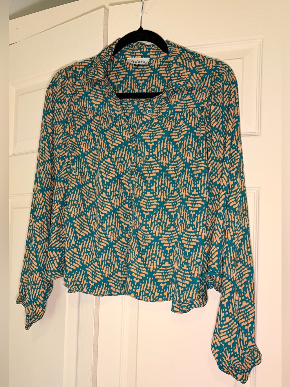 Teal and Beige Printed Button-Down Blouse